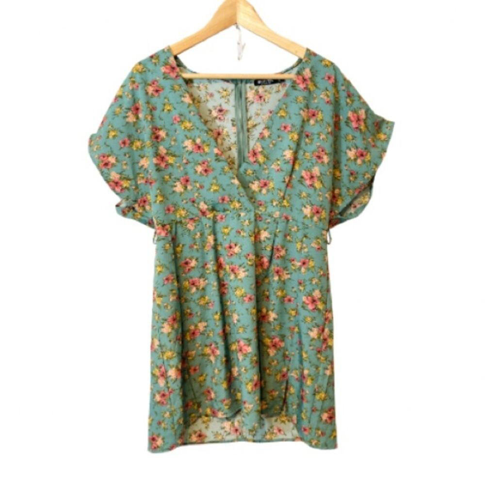 Nasty Gal Floral Crossover V-Neck Short Flounce Sleeves Slit Mini Dress